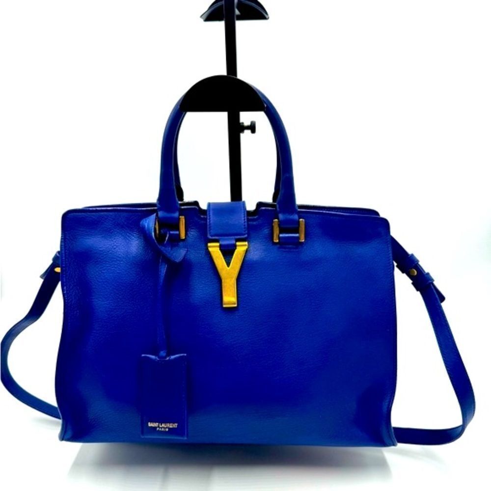 Auth Saint Laurent Small Classic Ligne Y Blue Leather Paris Chyc Cabas Tote 2way - Picture 6 of 15